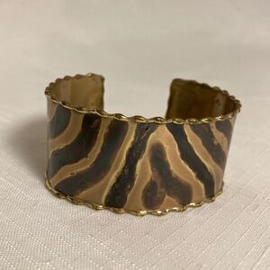 Zebra Print Cuff Bracelet Black Gold Copper Style Scallop Artisan Handmade Bangl
